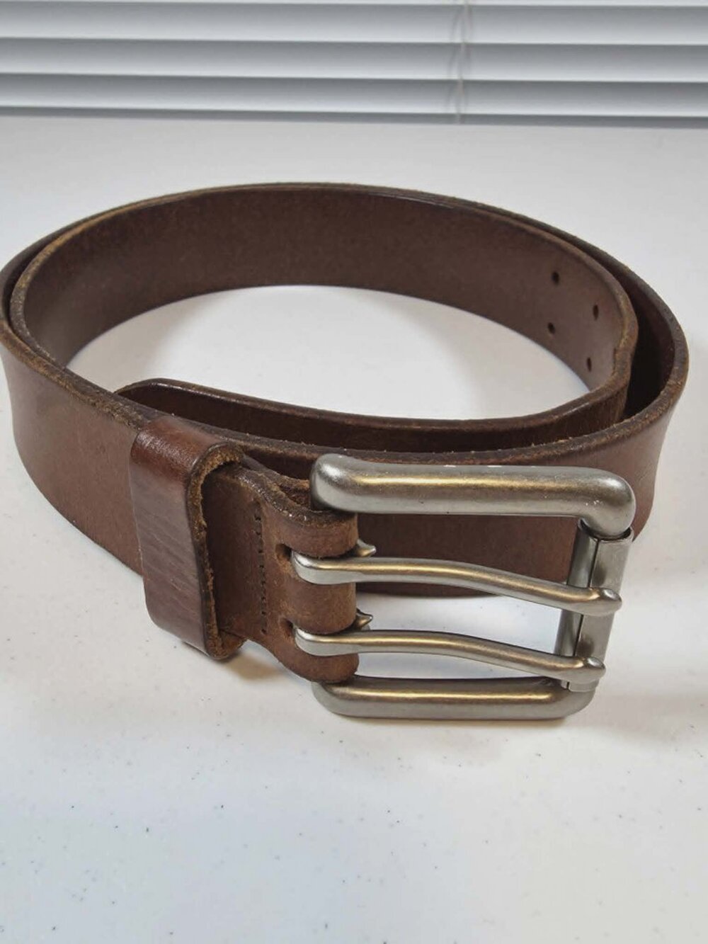 LL BEAN LEATHER COWHIDE BELT BROWN SOLID BRASS BUCKLE SIZE 36 USA
